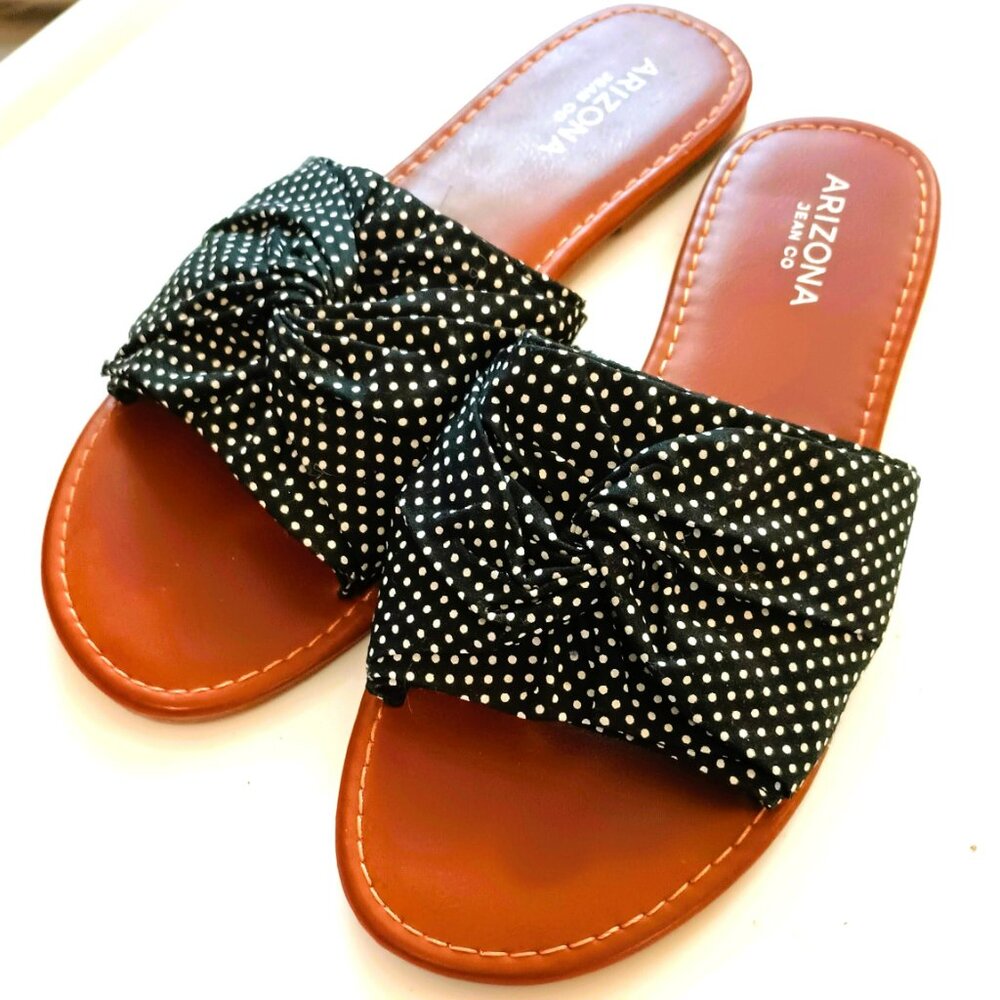 Women's Polka Dot Knot Sandals 8 Retro Black White Fabric Slip On Shoes
